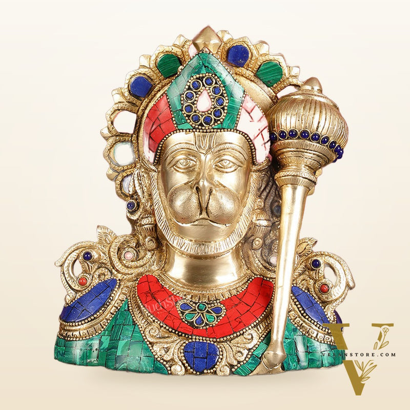 Handcrafted Brass Hanuman Ji Bust with Multicolour Stonework - 8"