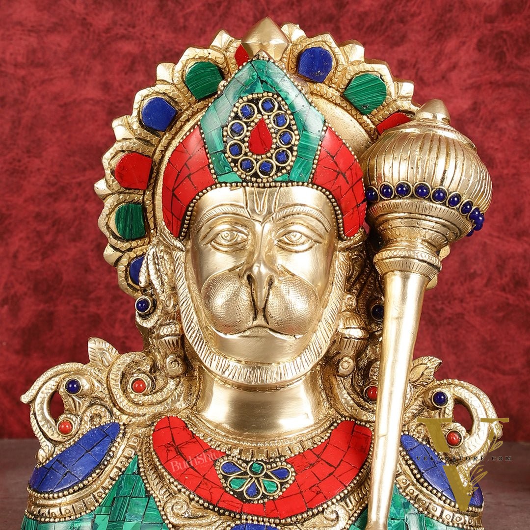 Handcrafted Brass Hanuman Ji Bust with Multicolour Stonework - 8"