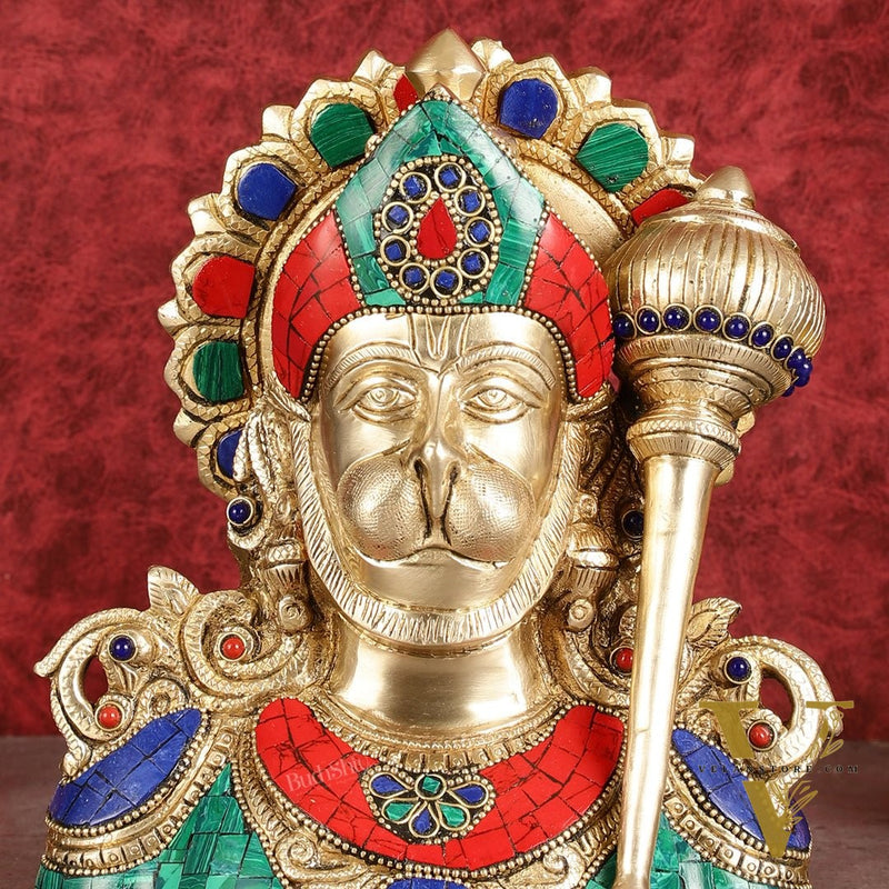 Handcrafted Brass Hanuman Ji Bust with Multicolour Stonework - 8"