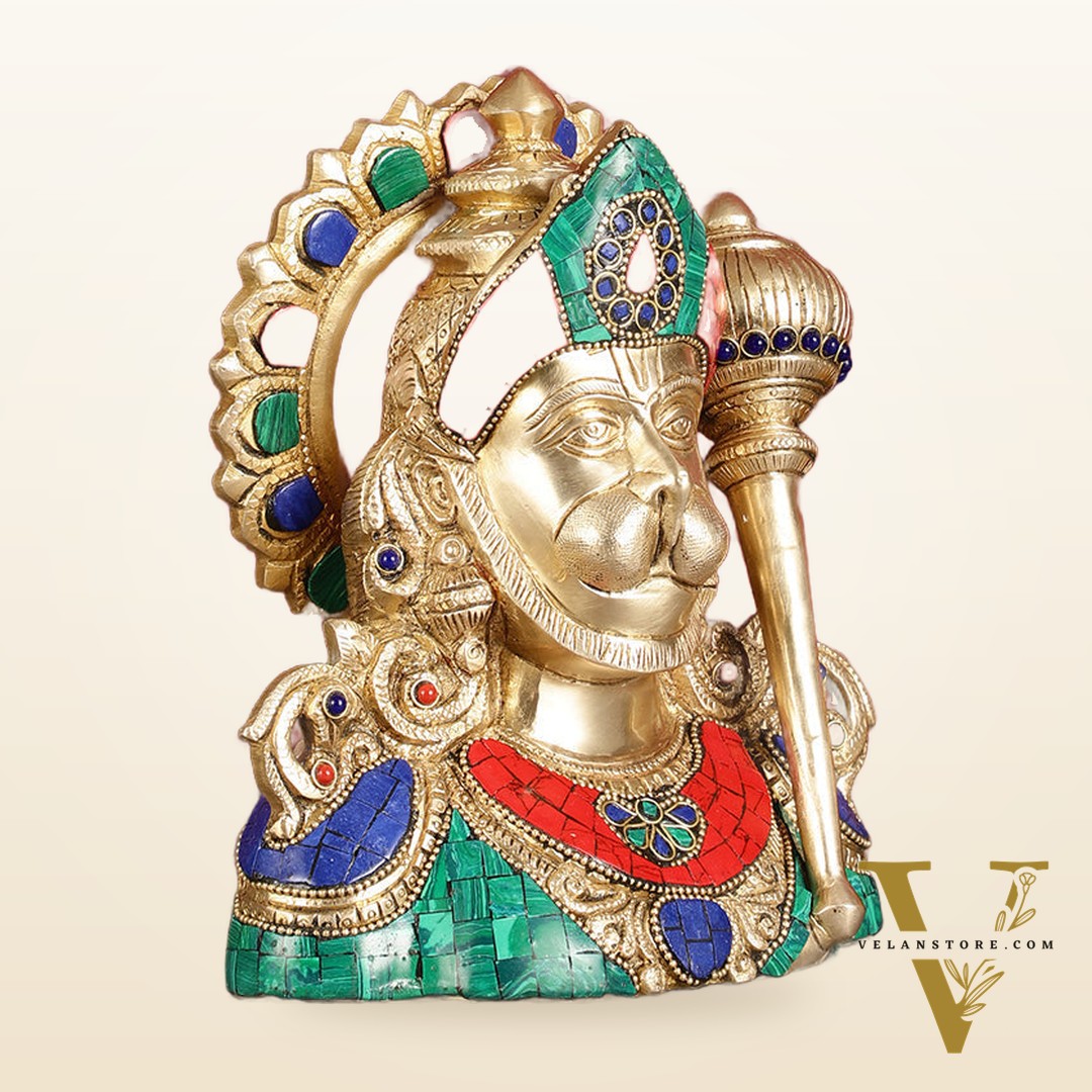 Handcrafted Brass Hanuman Ji Bust with Multicolour Stonework - 8"