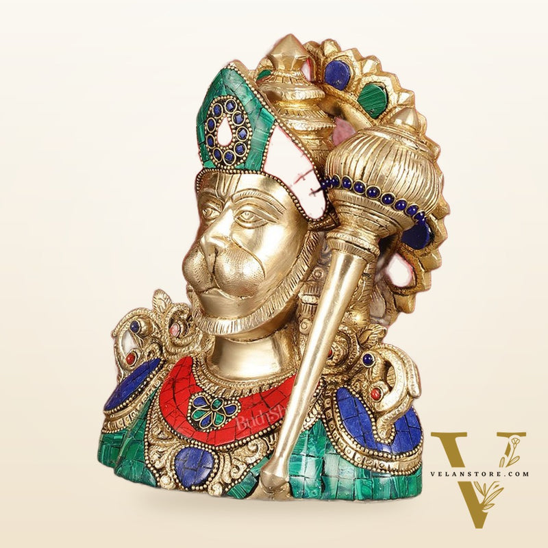 Handcrafted Brass Hanuman Ji Bust with Multicolour Stonework - 8"