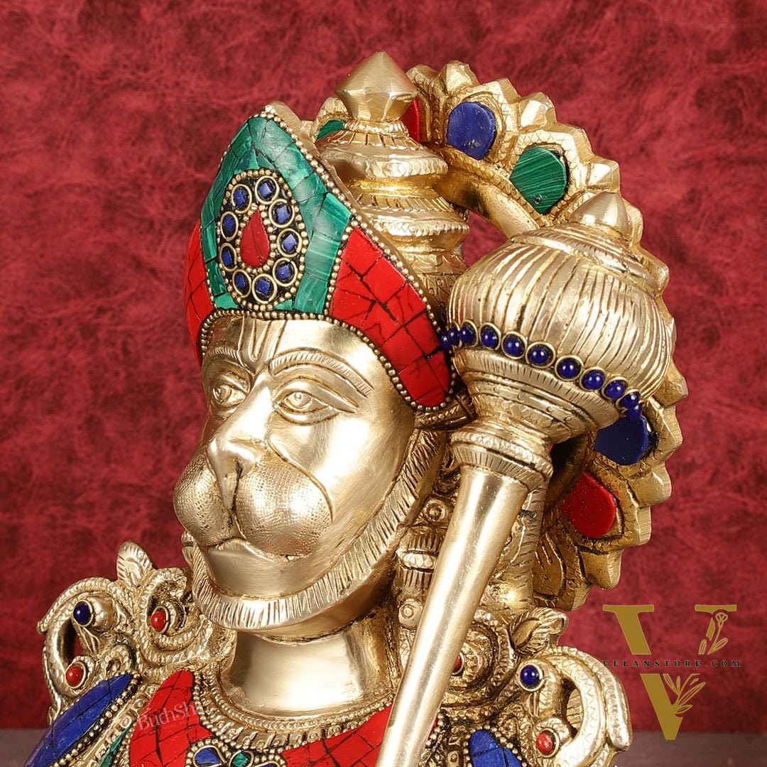 Handcrafted Brass Hanuman Ji Bust with Multicolour Stonework - 8"