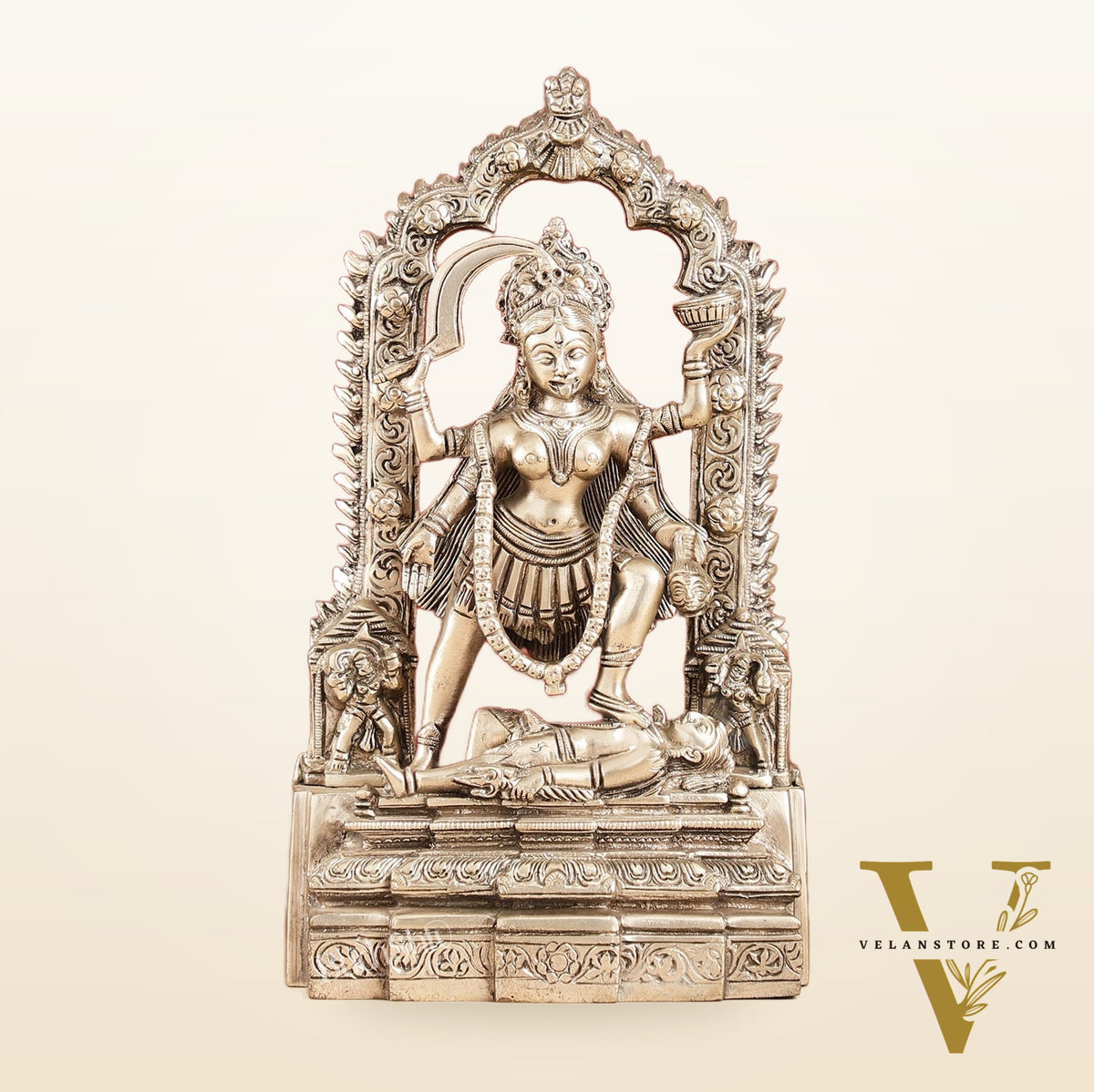 Handcrafted Brass Kali Ma Statue with Temple Arch - Silver Plated