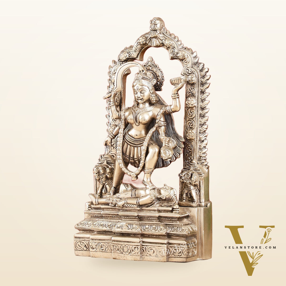 Handcrafted Brass Kali Ma Statue with Temple Arch - Silver Plated