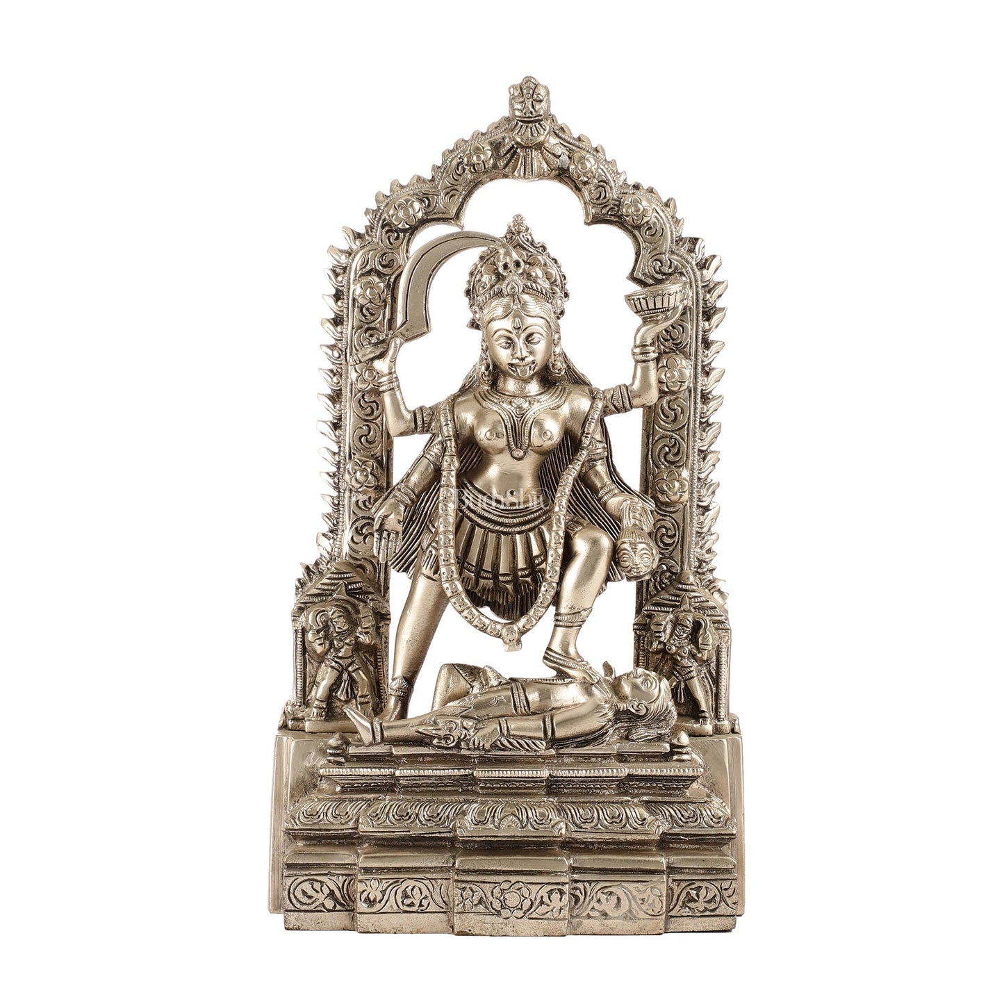Handcrafted Brass Kali Ma Statue with Temple Arch - Silver Plated