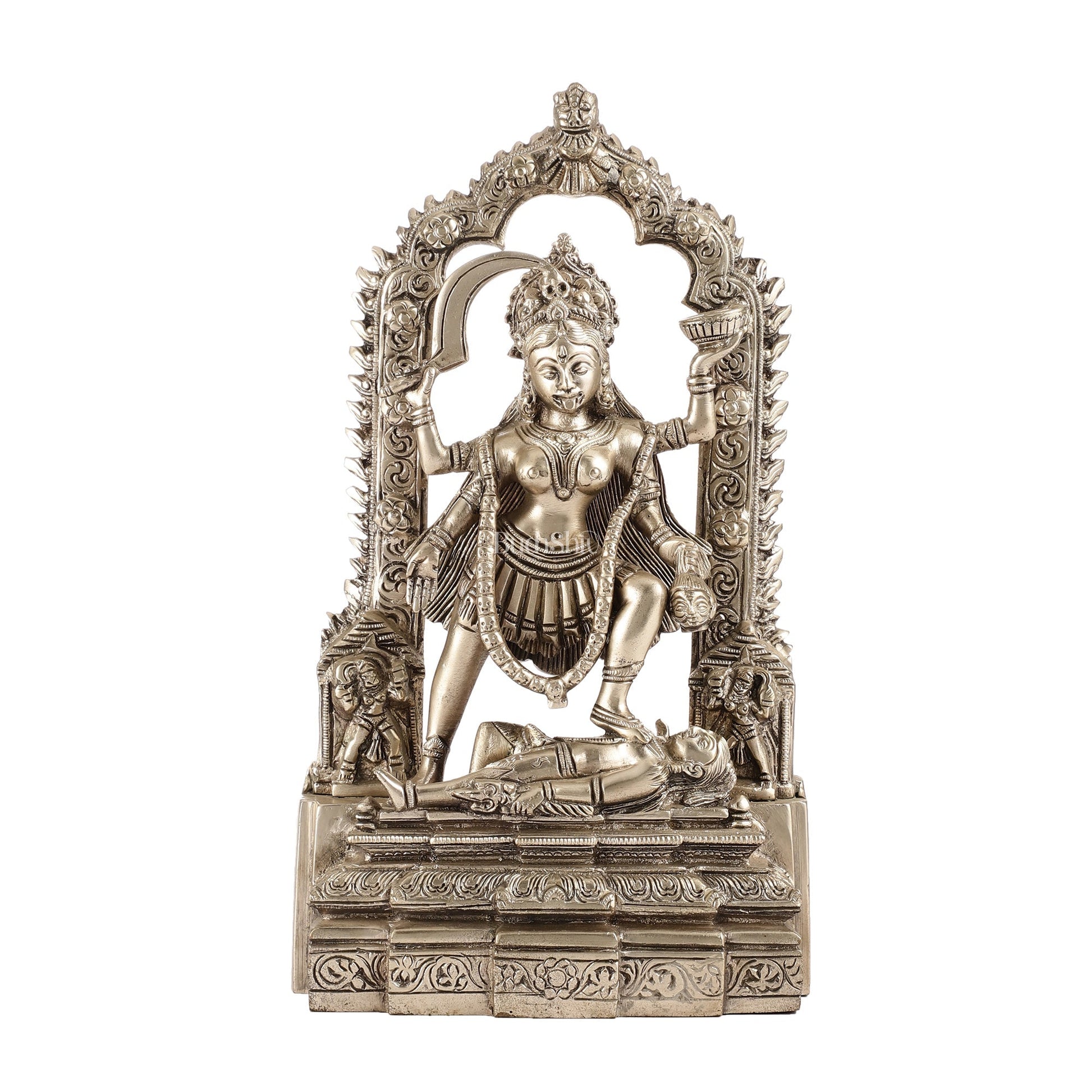 Handcrafted Brass Kali Ma Statue with Temple Arch - Silver Plated