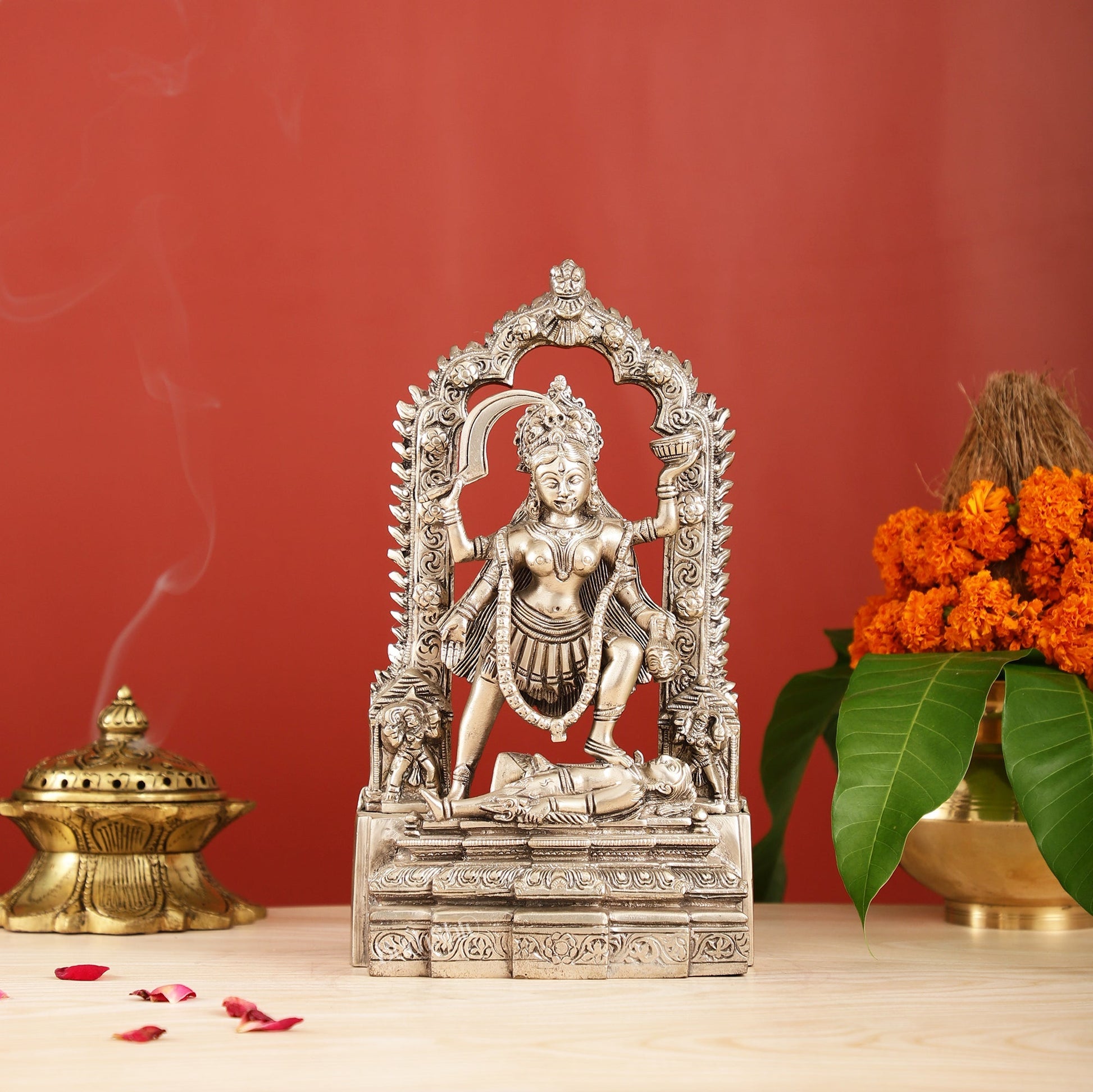 Handcrafted Brass Kali Ma Statue with Temple Arch - Silver Plated