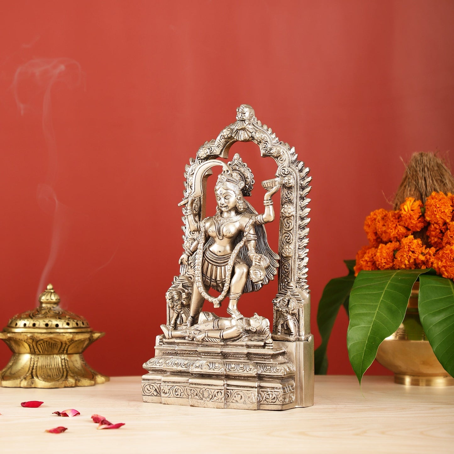 Handcrafted Brass Kali Ma Statue with Temple Arch - Silver Plated