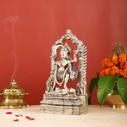 Handcrafted Brass Kali Ma Statue with Temple Arch - Silver Plated