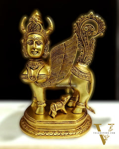 Handcrafted Brass Kamadhenu Cow with Calf Statue 10"