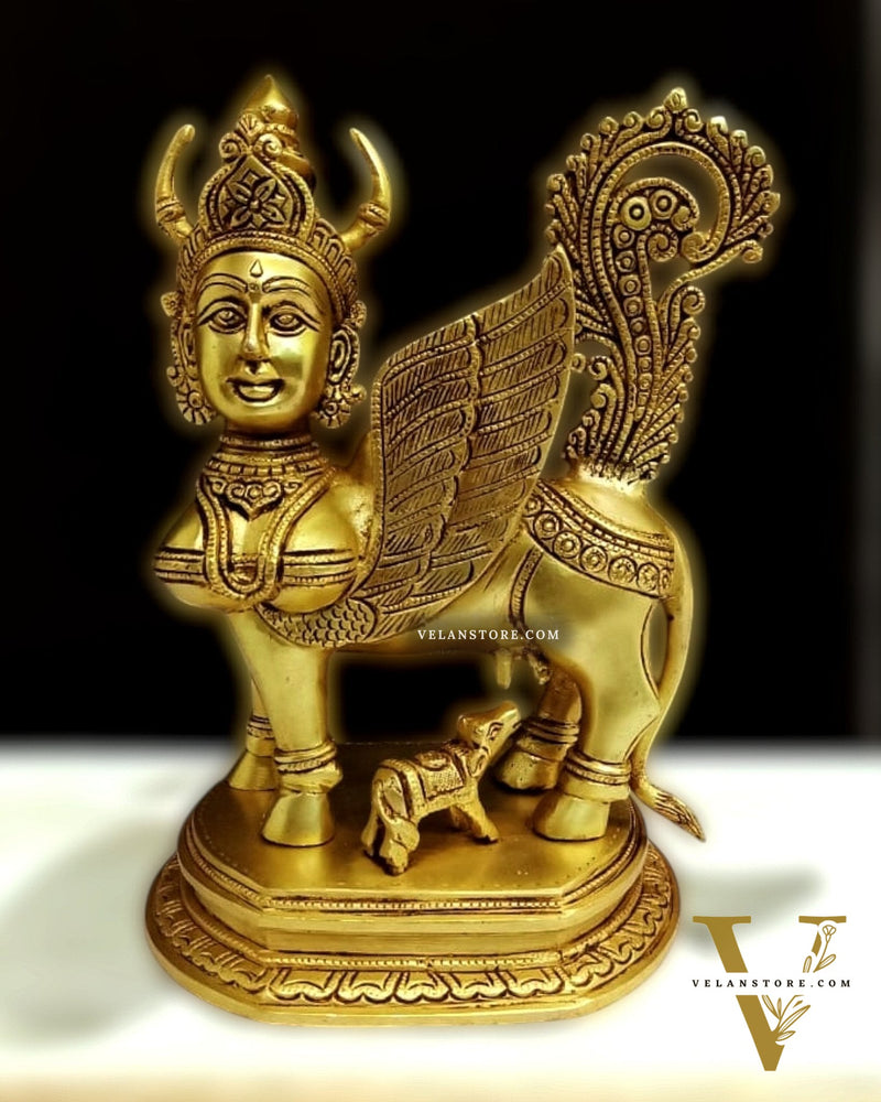 Handcrafted Brass Kamadhenu Cow with Calf Statue 10"