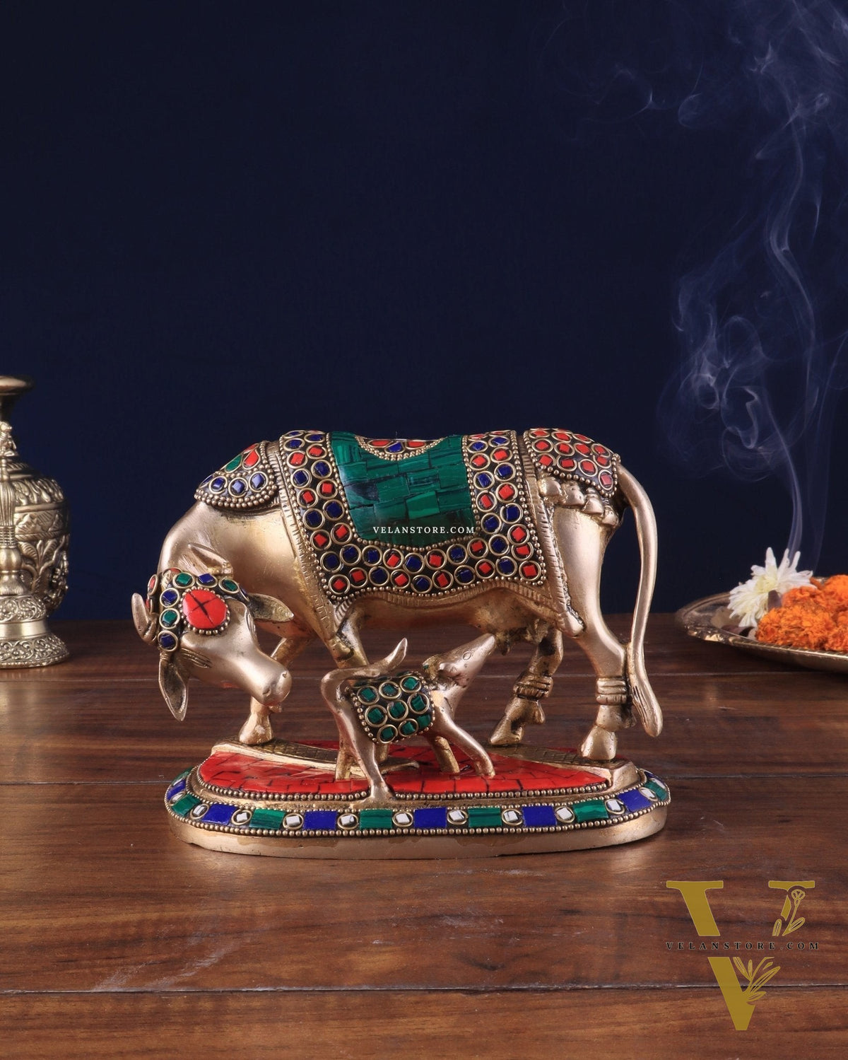 Handcrafted Brass Kamdhenu Cow with Calf Statue 9"