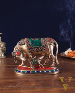 Handcrafted Brass Kamdhenu Cow with Calf Statue 9"