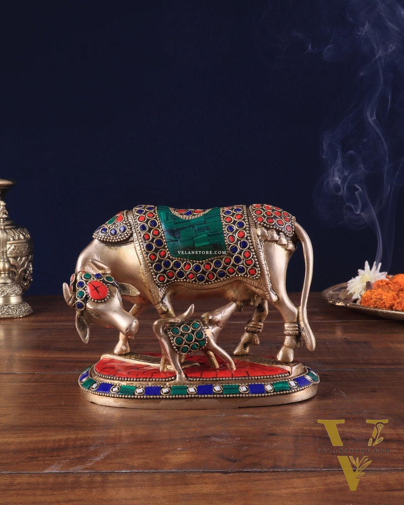 Handcrafted Brass Kamdhenu Cow with Calf Statue 9"