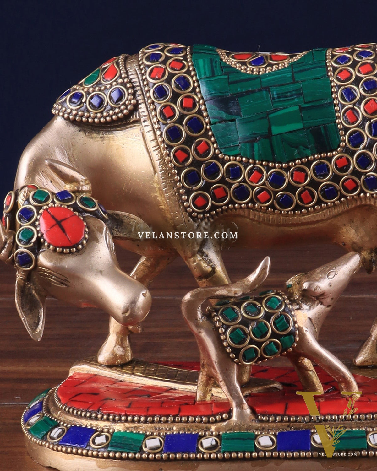 Handcrafted Brass Kamdhenu Cow with Calf Statue 9"