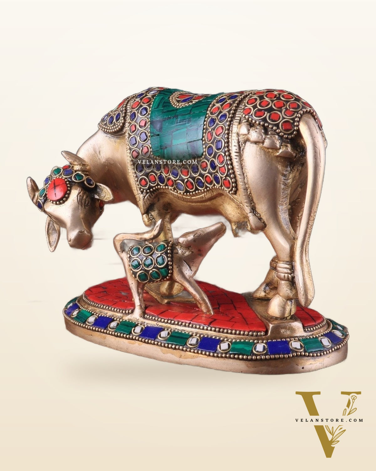 Handcrafted Brass Kamdhenu Cow with Calf Statue 9"