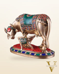 Handcrafted Brass Kamdhenu Cow with Calf Statue 9"
