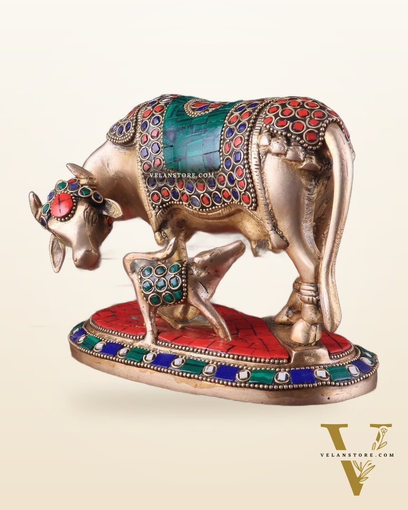 Handcrafted Brass Kamdhenu Cow with Calf Statue 9"