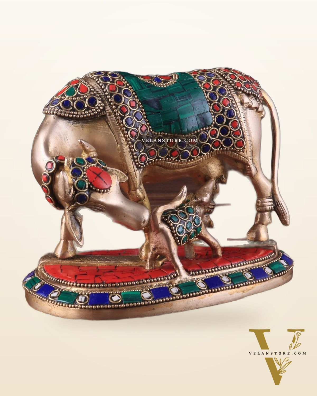 Handcrafted Brass Kamdhenu Cow with Calf Statue 9"