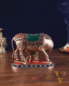 Handcrafted Brass Kamdhenu Cow with Calf Statue 9"