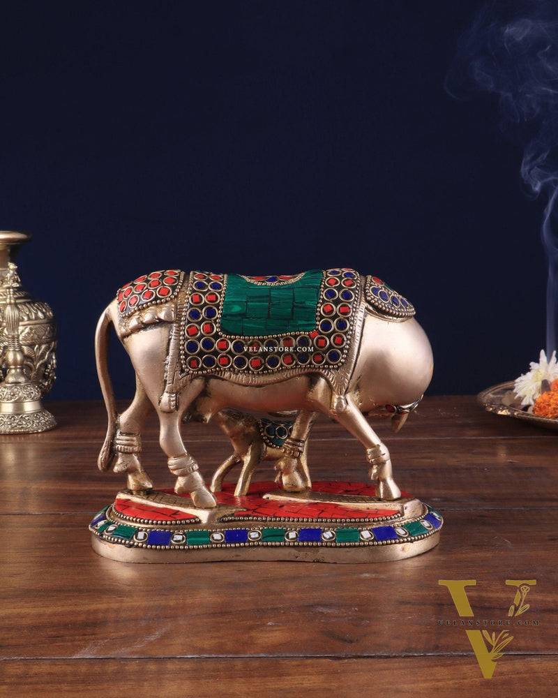 Handcrafted Brass Kamdhenu Cow with Calf Statue 9"