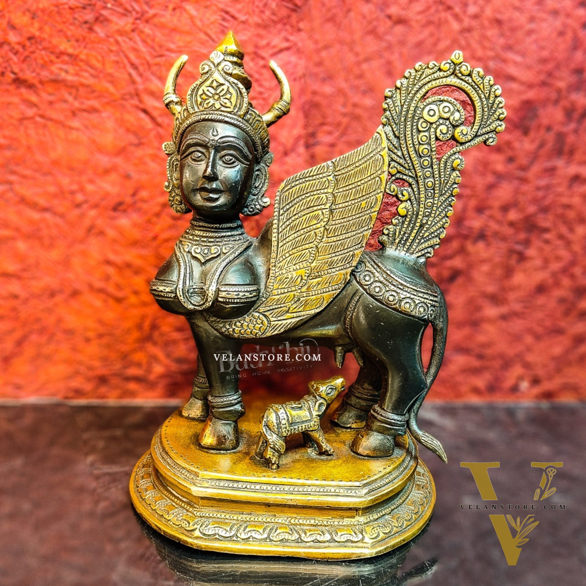 Handcrafted Brass Kamdhenu Cow with Calf Statue | Black and Gold Finish | 10" x 8" x 6"