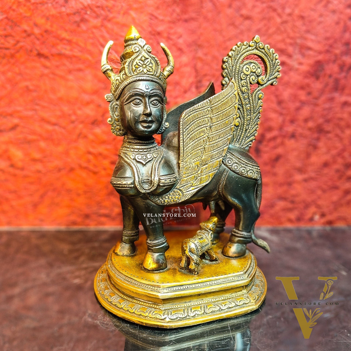 Handcrafted Brass Kamdhenu Cow with Calf Statue | Black and Gold Finish | 10" x 8" x 6"