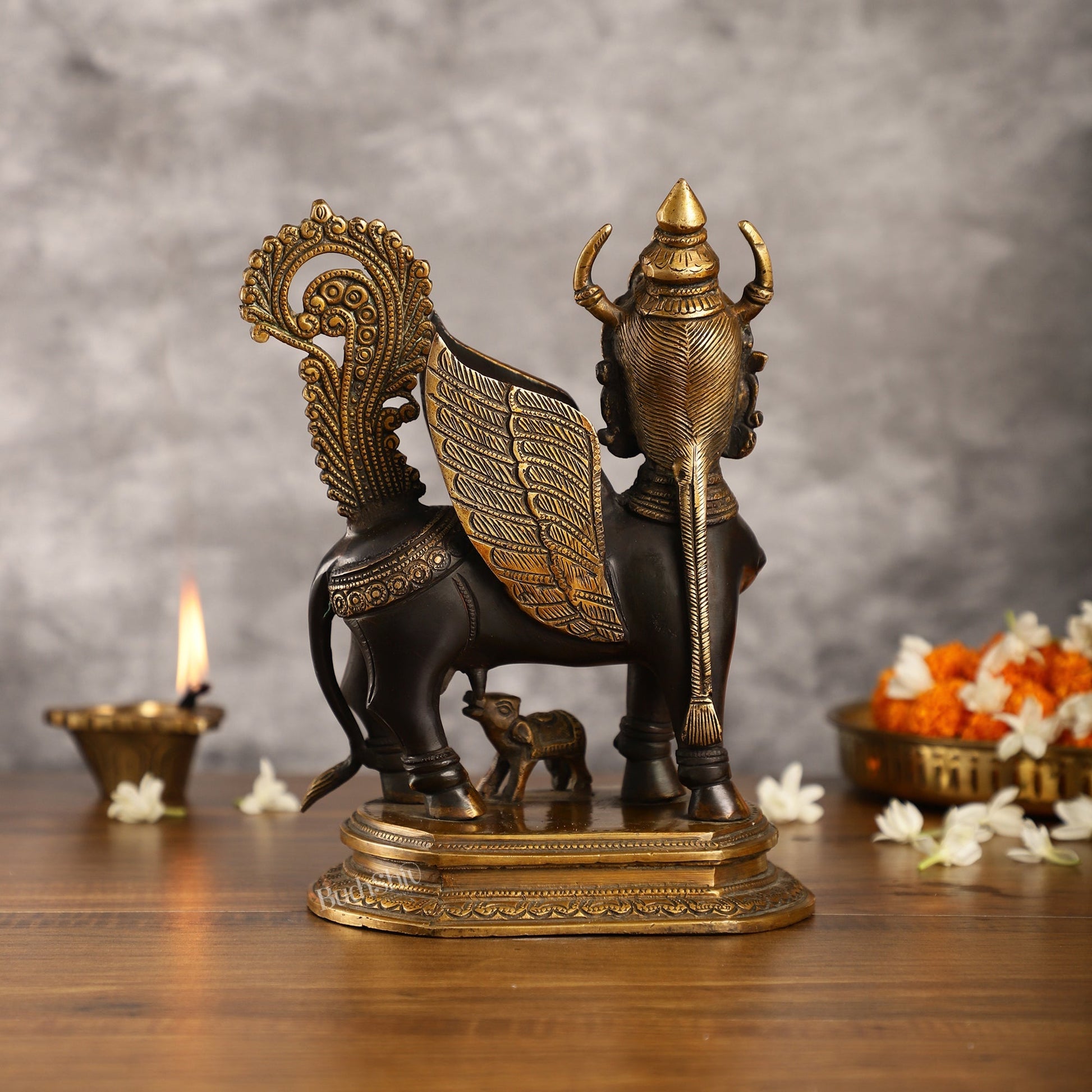 Handcrafted Brass Kamdhenu Cow with Calf Statue | Black and Gold | 10"