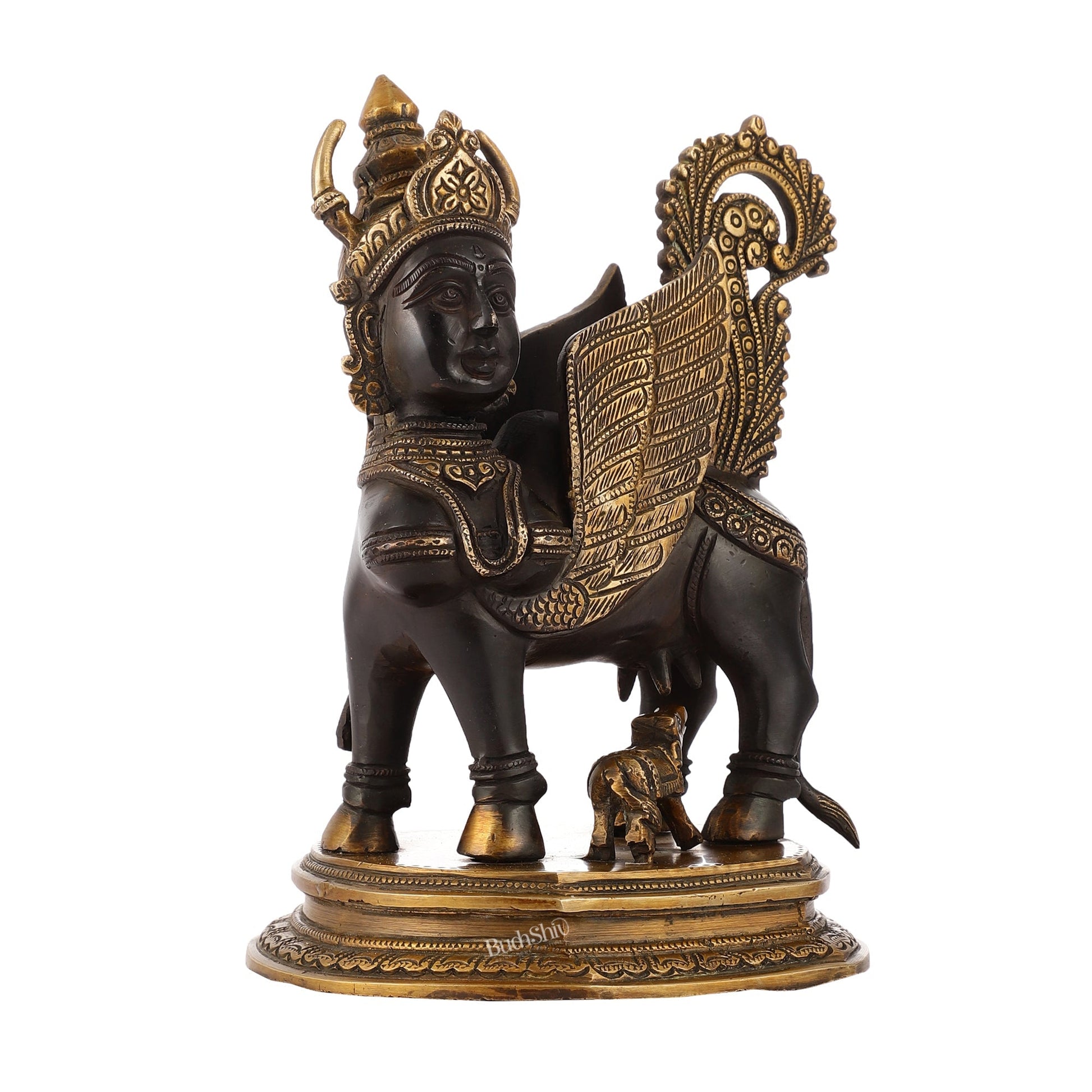Handcrafted Brass Kamdhenu Cow with Calf Statue | Black and Gold | 10"