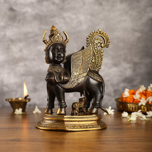 Handcrafted Brass Kamdhenu Cow with Calf Statue | Black and Gold | 10"