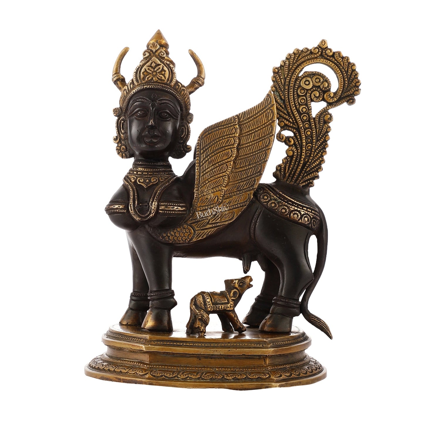 Handcrafted Brass Kamdhenu Cow with Calf Statue | Black and Gold | 10"