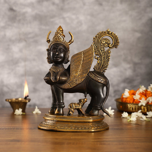 Handcrafted Brass Kamdhenu Cow with Calf Statue | Black and Gold | 10"