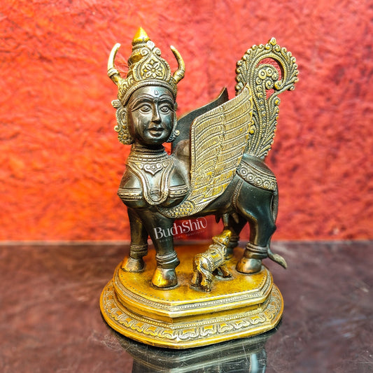 Handcrafted Brass Kamdhenu Cow with Calf Statue | Black and Gold Finish | 10" x 8" x 6"