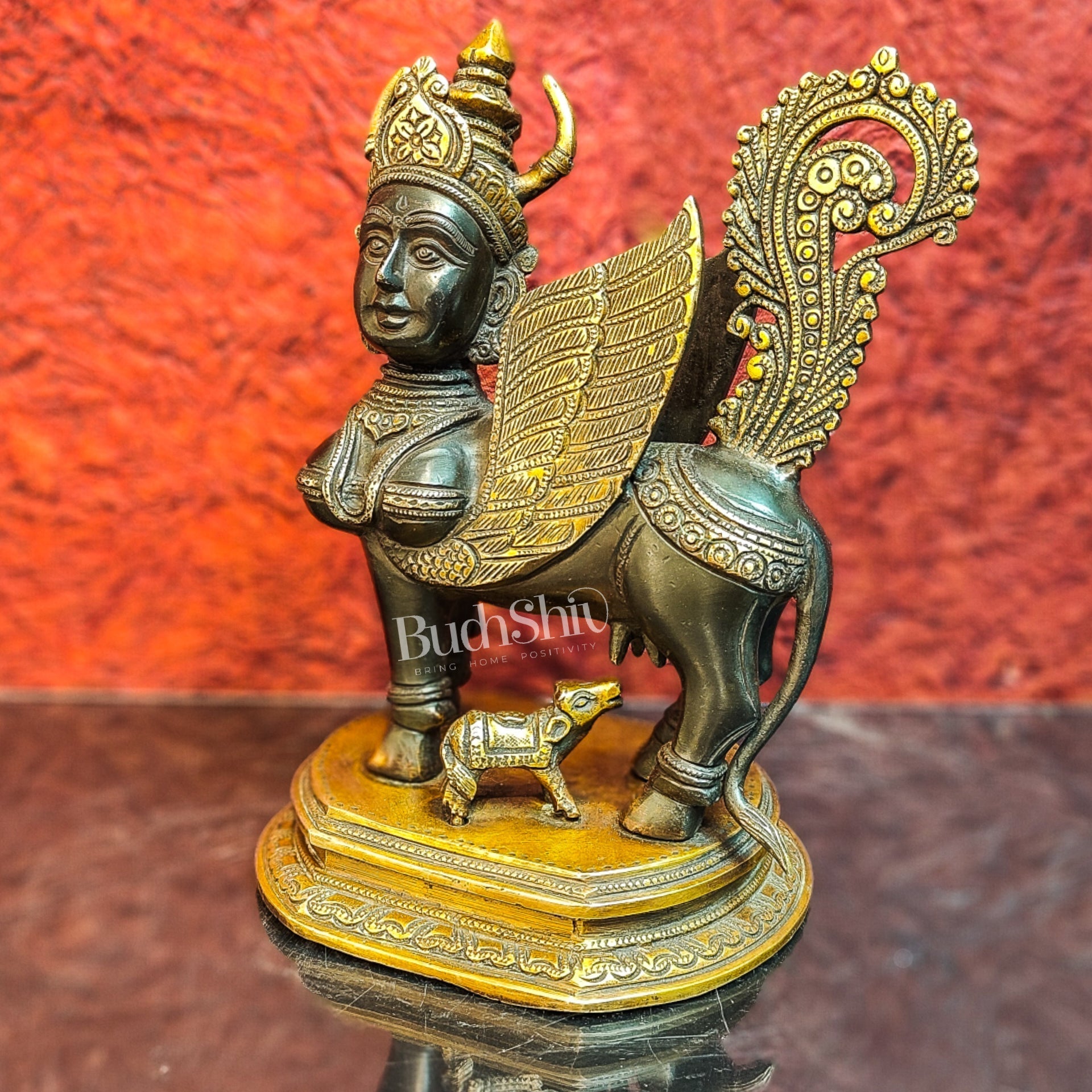 Handcrafted Brass Kamdhenu Cow with Calf Statue | Black and Gold Finish | 10" x 8" x 6"