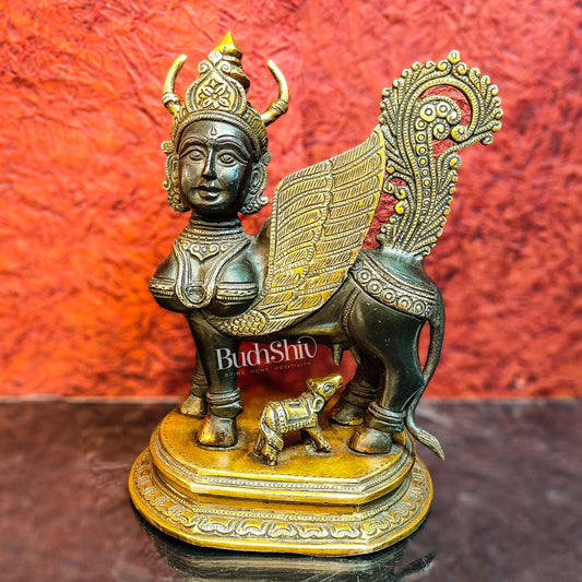Handcrafted Brass Kamdhenu Cow with Calf Statue | Black and Gold Finish | 10" x 8" x 6"