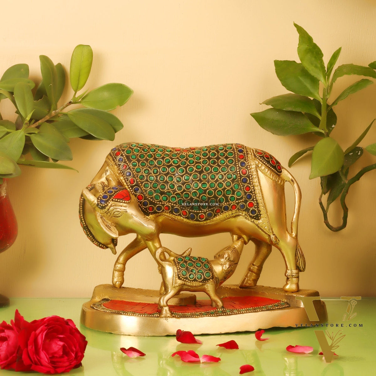 Handcrafted Brass Kamdhenu Cow with Calf Statue - Divine Symbol of Abundance and Love 6"