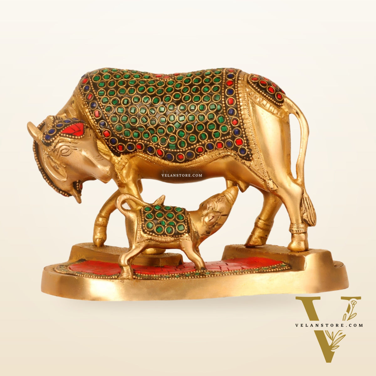 Handcrafted Brass Kamdhenu Cow with Calf Statue - Divine Symbol of Abundance and Love 6"