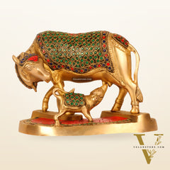Handcrafted Brass Kamdhenu Cow with Calf Statue - Divine Symbol of Abundance and Love 6"