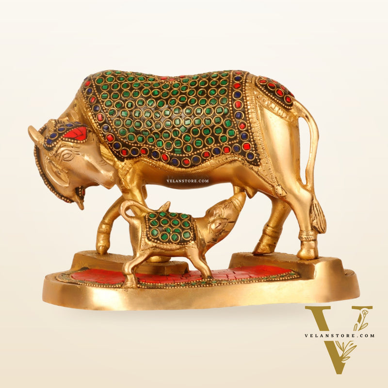 Handcrafted Brass Kamdhenu Cow with Calf Statue - Divine Symbol of Abundance and Love 6"