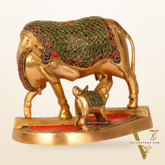 Handcrafted Brass Kamdhenu Cow with Calf Statue - Divine Symbol of Abundance and Love 6"