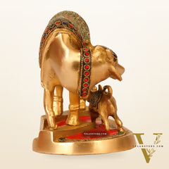 Handcrafted Brass Kamdhenu Cow with Calf Statue - Divine Symbol of Abundance and Love 6"