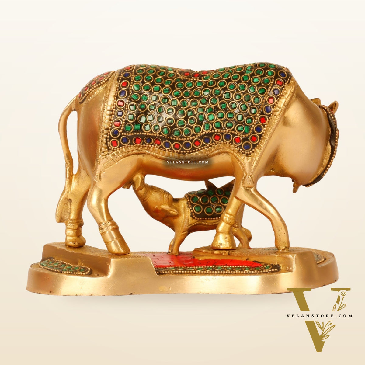 Handcrafted Brass Kamdhenu Cow with Calf Statue - Divine Symbol of Abundance and Love 6"