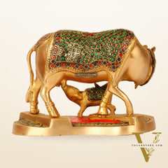 Handcrafted Brass Kamdhenu Cow with Calf Statue - Divine Symbol of Abundance and Love 6"