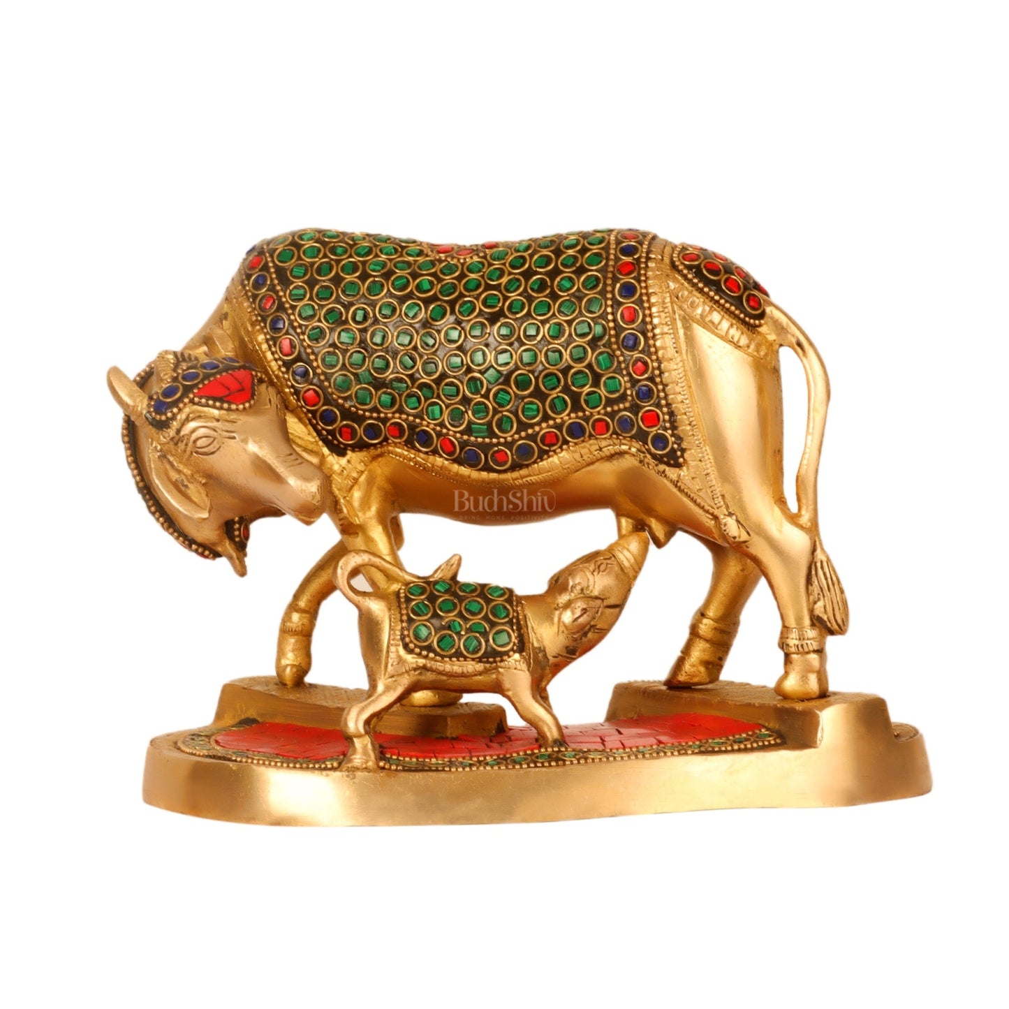 Handcrafted Brass Kamdhenu Cow with Calf Statue - Divine Symbol of Abundance and Love 6"