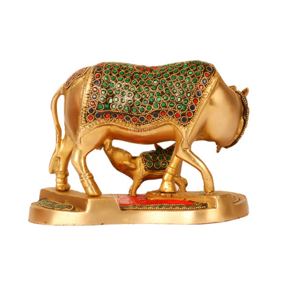 Handcrafted Brass Kamdhenu Cow with Calf Statue - Divine Symbol of Abundance and Love 6"