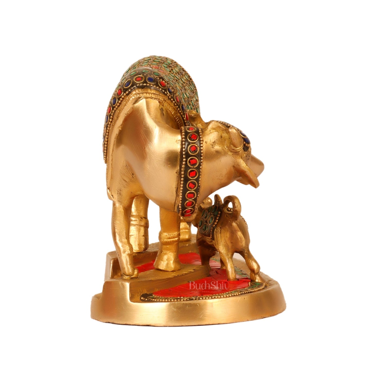 Handcrafted Brass Kamdhenu Cow with Calf Statue - Divine Symbol of Abundance and Love 6"