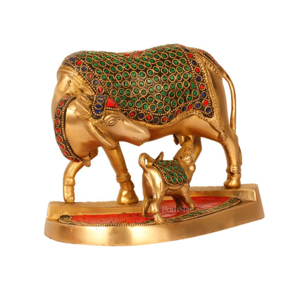 Handcrafted Brass Kamdhenu Cow with Calf Statue - Divine Symbol of Abundance and Love 6"