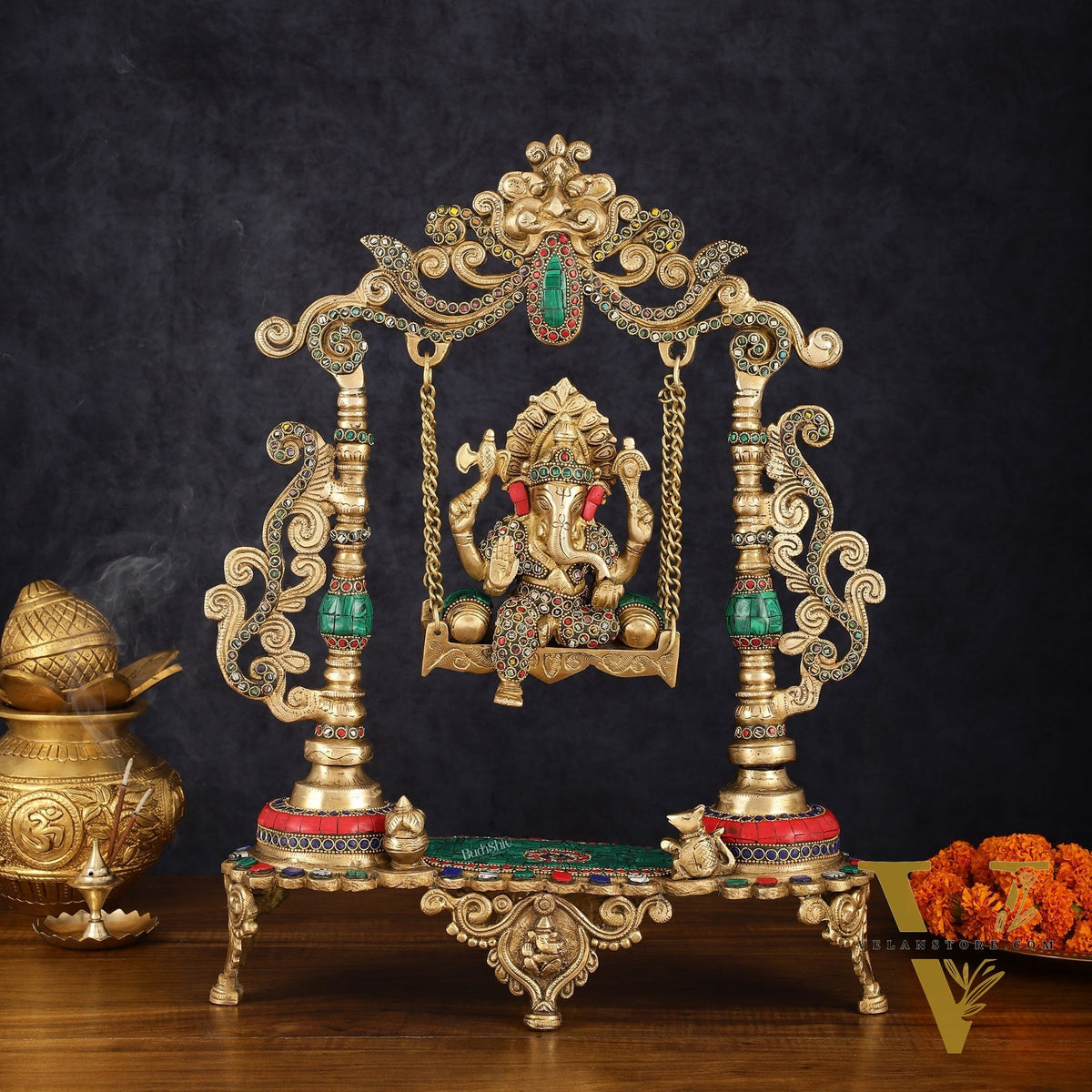 Handcrafted Brass Kirtimukha Ganesha on Swing with Stonework, 20" Height