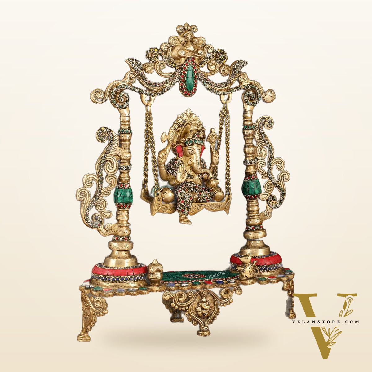 Handcrafted Brass Kirtimukha Ganesha on Swing with Stonework, 20" Height