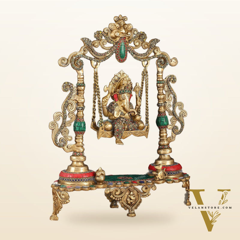 Handcrafted Brass Kirtimukha Ganesha on Swing with Stonework, 20" Height
